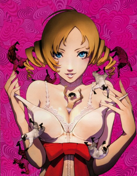 Anime picture 1200x1536 with catherine (game) catherine vincent brooks soejima shigenori long hair tall image blush short hair open mouth blue eyes light erotic black hair blonde hair bare shoulders cleavage ahoge horn (horns) scan shadow drill hair