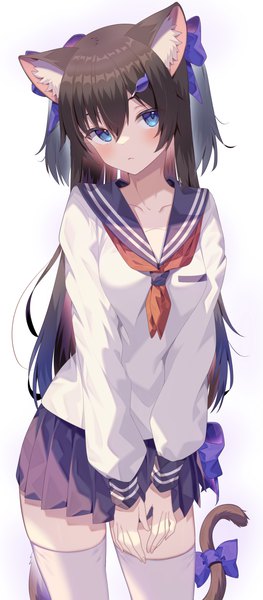 Anime picture 1727x3940 with vrchat jun (aousa0328) single long hair tall image looking at viewer blush fringe highres blue eyes simple background hair between eyes brown hair standing white background animal ears tail long sleeves head tilt animal tail