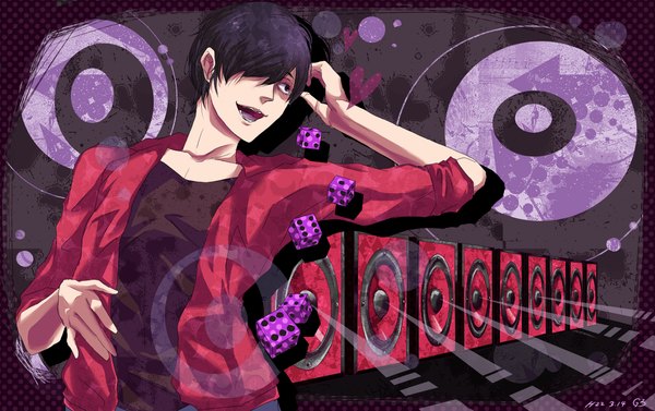 Anime picture 1251x788 with nico nico singer g3 (artist) single fringe short hair open mouth black hair hair over one eye boy shirt heart speakers dice