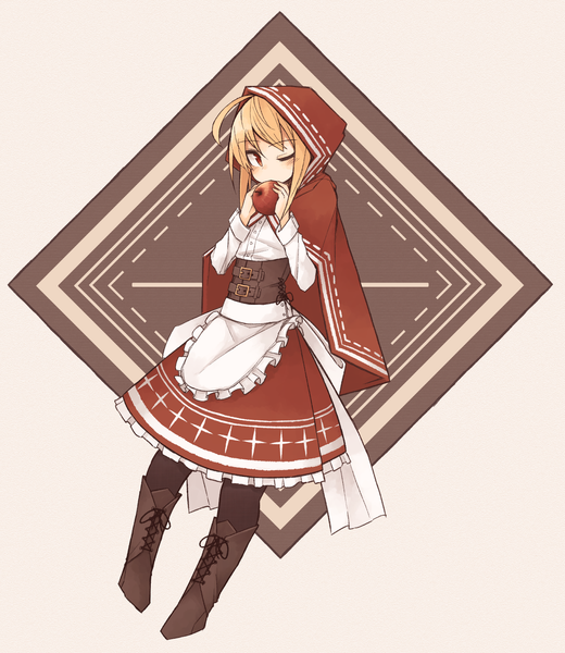Anime picture 1300x1500 with little red riding hood original little red riding hood (character) kaginoni single long hair tall image looking at viewer fringe blonde hair red eyes holding full body ahoge long sleeves one eye closed covered mouth girl skirt pantyhose