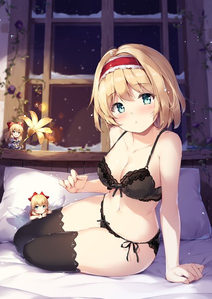 Anime picture 652x916 with touhou alice margatroid shanghai hourai miyase mahiro single tall image looking at viewer blush short hair breasts blue eyes light erotic blonde hair sitting arm support underwear only girl thighhighs underwear