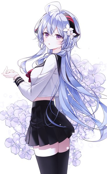 Anime picture 1056x1715 with genshin impact ganyu (genshin impact) mattang single long hair tall image blush fringe open mouth hair between eyes white background purple eyes blue hair looking away long sleeves pleated skirt arm up hair flower horn (horns) :o