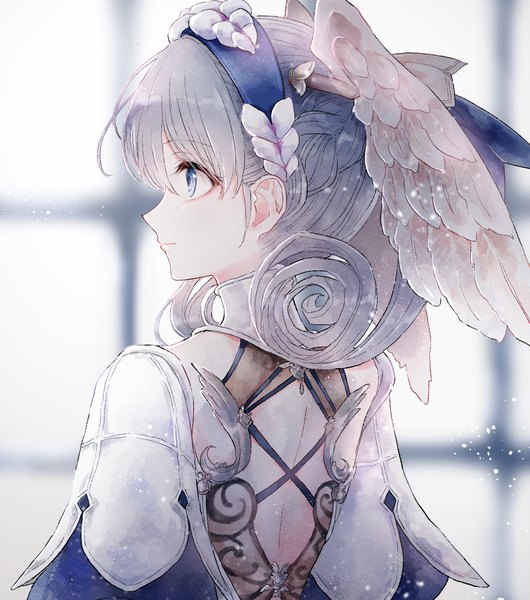 Anime picture 1536x1738 with xenoblade melia antiqua ebi (shrimp0905) single long hair tall image blue eyes looking away silver hair upper body profile drill hair head wings girl wings headband