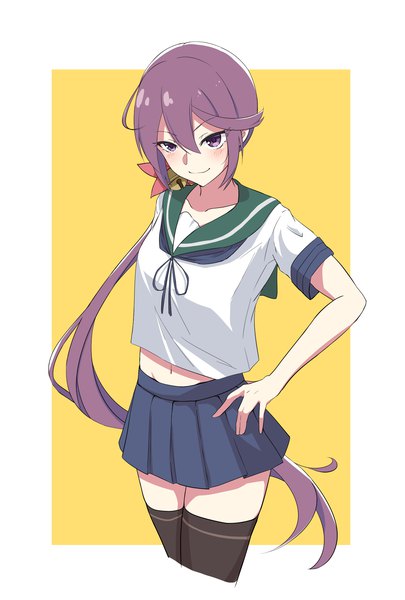 Anime picture 1378x2039 with kantai collection akebono destroyer kasoku souchi single long hair tall image blush fringe simple background smile hair between eyes standing purple eyes payot looking away purple hair pleated skirt midriff hand on hip border