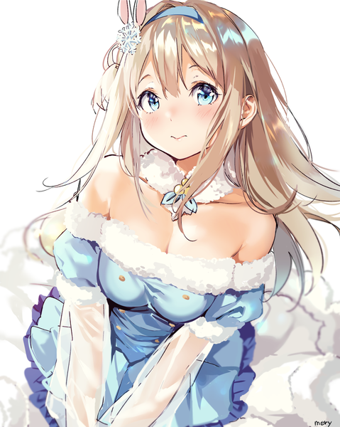 Anime picture 1400x1753 with girls frontline suomi kp31 (girls frontline) mery (yangmalgage) single long hair tall image looking at viewer blush fringe breasts blue eyes simple background blonde hair hair between eyes large breasts standing white background bare shoulders signed payot