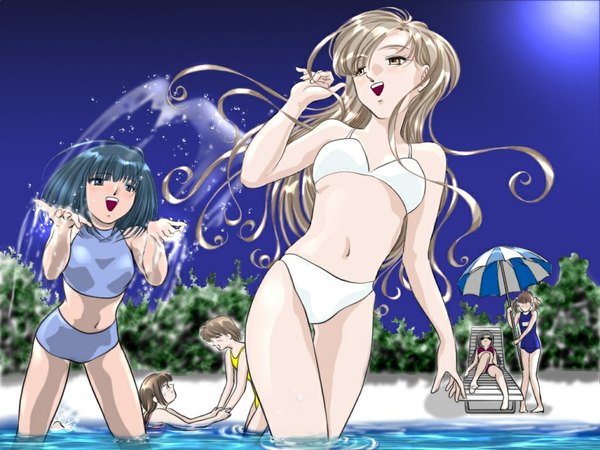 Anime picture 1024x768 with brown hair brown eyes beach poorly drawn swimsuit bikini white bikini