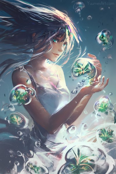 Anime picture 1080x1620 with original yuumei single long hair tall image looking at viewer fringe breasts bare shoulders signed cleavage aqua eyes light smile grey hair blurry floating hair underwater freckles girl dress