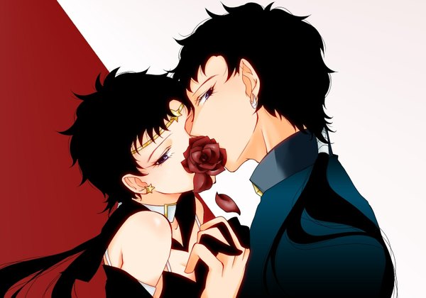 Anime picture 1600x1121 with bishoujo senshi sailor moon toei animation seiya kou sailor star fighter long hair black hair simple background white background purple eyes ponytail couple holding hands red background crescent almost kiss girl boy gloves uniform flower (flowers)