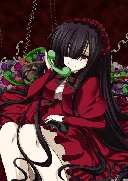 Anime picture 2508x3541 with original eiyuu (eiyuu04) single long hair tall image looking at viewer fringe highres black hair smile red eyes sitting hair over one eye red background girl dress hair ornament cape red dress phone
