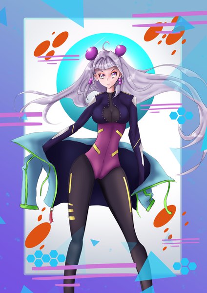 Anime picture 4961x7016 with original rainbow d fox single long hair tall image looking at viewer fringe highres breasts light erotic standing absurdres silver hair ahoge blunt bangs pink eyes floating hair girl jacket bodysuit