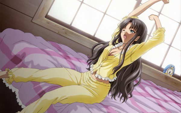 Anime picture 2560x1600 with fate (series) fate/stay night studio deen type-moon toosaka rin long hair highres black hair wide image green eyes cleavage scan girl bed pajamas