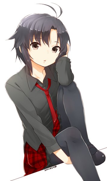 Anime picture 600x1009 with idolmaster idolmaster (classic) kikuchi makoto nagian single tall image looking at viewer blush fringe short hair open mouth black hair simple background white background sitting ahoge head tilt black eyes dated hand on head