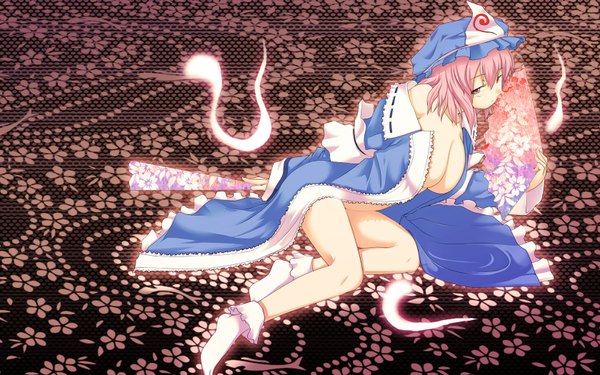 Anime picture 1680x1050 with touhou saigyouji yuyuko pen (artist) highres breasts light erotic red eyes wide image pink hair japanese clothes huge breasts floral print reclining girl hat socks kimono fan open kimono hitodama