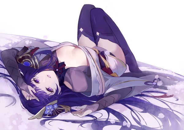 Anime picture 1754x1240 with genshin impact raiden shogun woodylixx single long hair looking at viewer fringe highres light erotic purple eyes cleavage purple hair lying traditional clothes japanese clothes mole on back mole under eye girl thighhighs