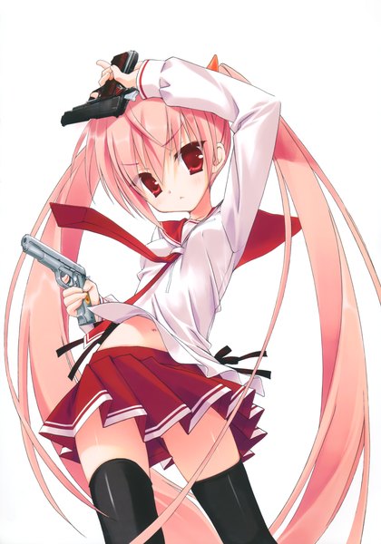 Anime picture 2438x3482 with hidan no aria kanzaki h aria kobuichi long hair tall image highres simple background red eyes white background twintails pink hair very long hair official art loli girl thighhighs skirt weapon black thighhighs necktie