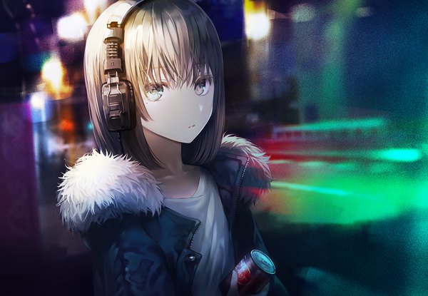 Anime picture 1300x901 with original tlla (artist) single looking at viewer fringe short hair hair between eyes brown hair upper body parted lips mole open jacket depth of field fur trim mole under eye silver eyes city lights girl jacket headphones