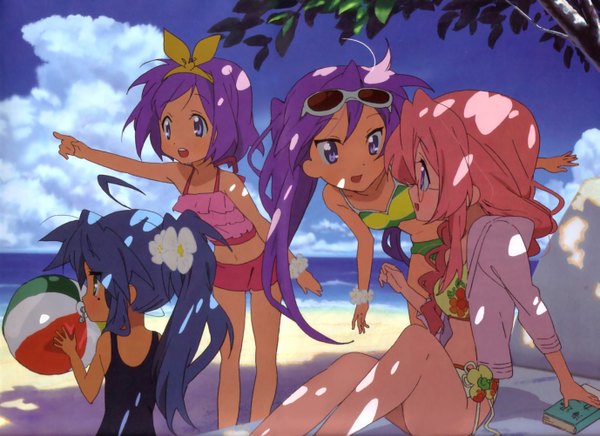 Anime picture 2753x2003 with lucky star kyoto animation izumi konata hiiragi kagami hiiragi tsukasa takara miyuki highres girl swimsuit bikini