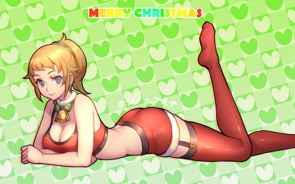 Anime picture 1920x1200 with mobile suit gundam gundam build fighters sunrise (studio) hoshino fumina ryushin single looking at viewer highres short hair blue eyes light erotic blonde hair smile christmas on stomach merry christmas girl thighhighs garter straps