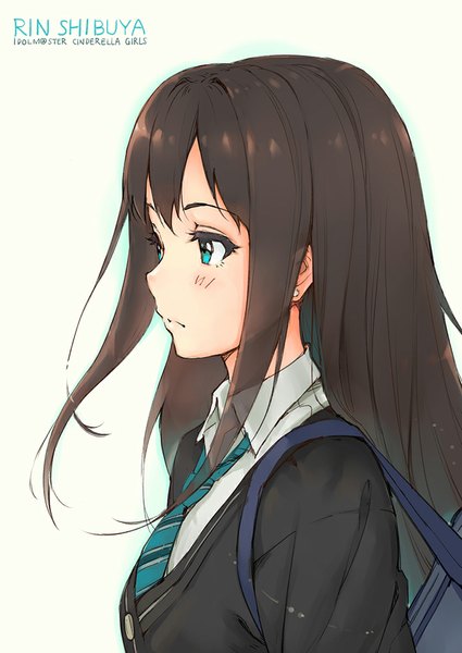 Anime picture 694x980 with idolmaster idolmaster cinderella girls shibuya rin haoni single long hair tall image blush fringe simple background brown hair green eyes profile wind copyright name character names open collar girl uniform school uniform