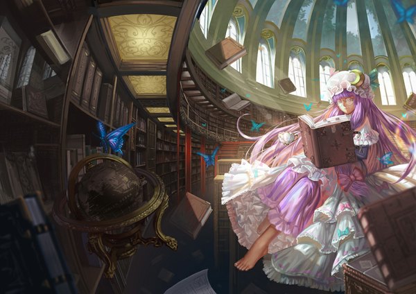 Anime picture 1000x707 with touhou patchouli knowledge saber 01 single long hair sitting purple eyes purple hair indoors barefoot sunlight reading girl dress bow hair bow glasses book (books) insect butterfly