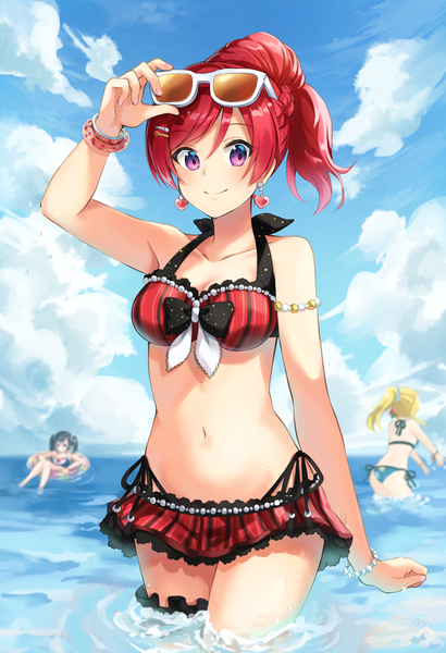 Anime picture 939x1372 with love live! school idol project sunrise (studio) love live! nishikino maki yazawa nico ayase eli nonono (nononotea) long hair tall image looking at viewer fringe short hair breasts light erotic black hair blonde hair smile hair between eyes red eyes standing