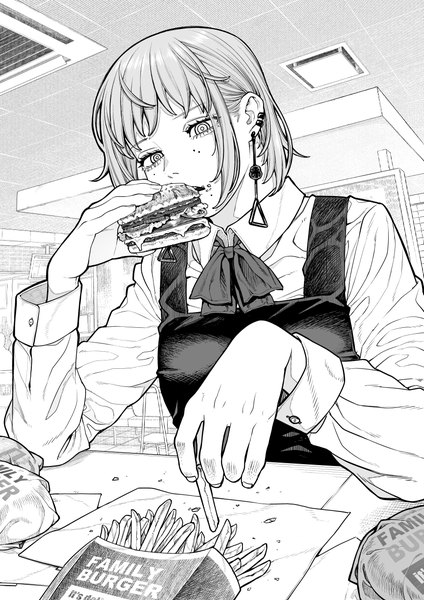 Anime picture 6071x8598 with chainsaw man mappa fami (chainsaw man) kanazawa shinnosuke single tall image looking at viewer fringe highres short hair holding absurdres upper body indoors long sleeves monochrome eating food on face girl earrings