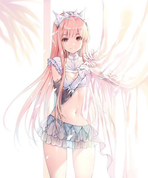 Anime picture 1260x1510 with fate (series) fate/grand order medb (fate) miwabe sakura single long hair tall image looking at viewer fringe light erotic smile standing holding brown eyes pink hair light girl skirt navel miniskirt