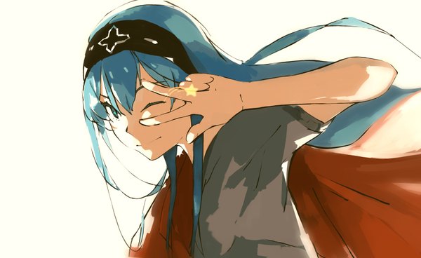 Anime picture 1630x1000 with akame ga kill! white fox esdeath drawfag single long hair fringe blue eyes simple background wide image white background blue hair one eye closed light smile wink victory girl hairband star (symbol)