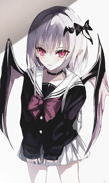 Anime picture 867x1454 with touhou remilia scarlet beckzawachi single tall image looking at viewer fringe short hair simple background hair between eyes red eyes standing purple hair pleated skirt pointy ears pale skin bat wings girl skirt uniform