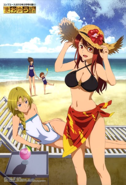 Anime picture 2424x3544 with maoyuu maou yuusha arms corporation maou (maoyuu) female knight tall image highres open mouth blue eyes light erotic blonde hair red eyes brown hair multiple girls red hair braid (braids) beach girl navel flower (flowers) swimsuit