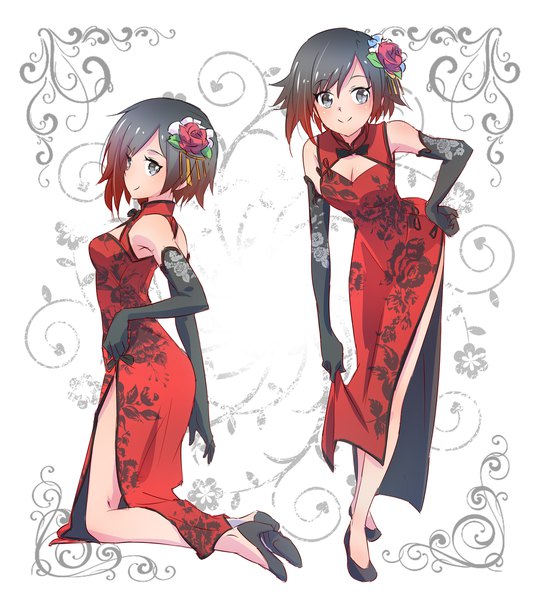 Anime picture 2000x2207 with rwby rooster teeth ruby rose iesupa tall image looking at viewer fringe highres short hair breasts light erotic black hair smile standing white background bare shoulders cleavage full body red hair traditional clothes