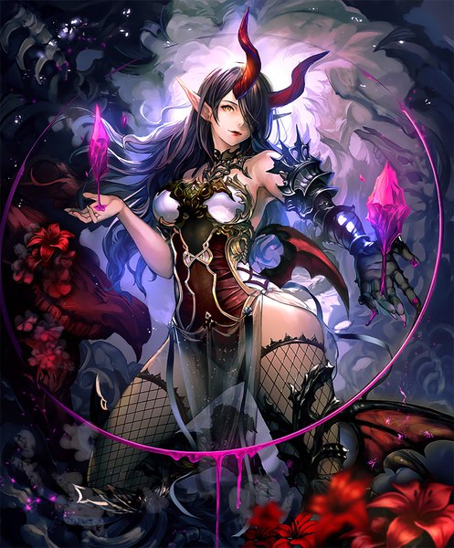 Anime picture 848x1024 with shingeki no bahamut shadowverse belphegor (shingeki no bahamut) single long hair tall image looking at viewer fringe breasts light erotic yellow eyes bent knee (knees) horn (horns) lips pointy ears hair over one eye official art spread legs lipstick kneeling