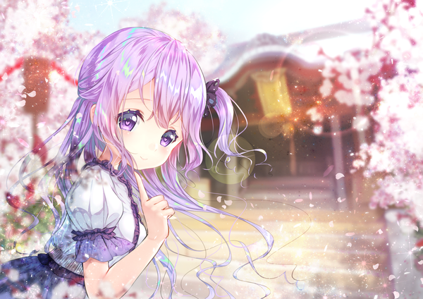 Anime picture 1457x1032 with azur lane unicorn (azur lane) sawa (sawasaku) single long hair looking at viewer blush fringe smile purple eyes purple hair outdoors wind leaning depth of field leaning forward puffy sleeves one side up cherry blossoms lens flare