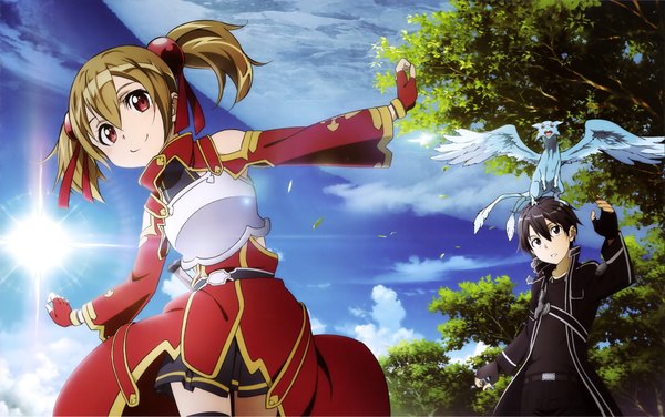Anime picture 4069x2556 with sword art online a-1 pictures kirigaya kazuto silica adachi shingo highres short hair black hair smile red eyes brown hair twintails absurdres black eyes scan official art short twintails fantasy girl boy
