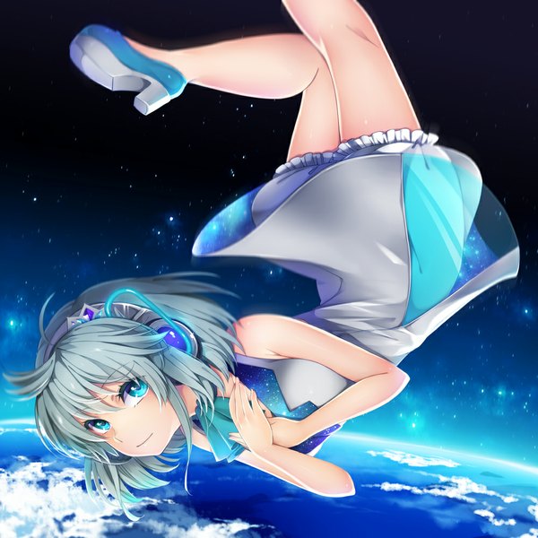 Anime picture 1000x1000 with original maru (sw1tch) single looking at viewer fringe short hair blue eyes cloud (clouds) ahoge bent knee (knees) from above grey hair hand on chest upside down space transparent falling girl dress headphones