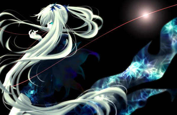 Anime picture 1200x782 with vocaloid hatsune miku aonoe single looking at viewer twintails white hair very long hair aqua eyes black background girl thread red thread