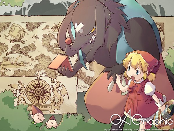 Anime picture 1024x768 with little red riding hood gagraphic tobe sunaho short hair blue eyes blonde hair signed looking away copyright name holding hands fantasy walking dwarf girl bowtie wrist cuffs bottle creature basket map