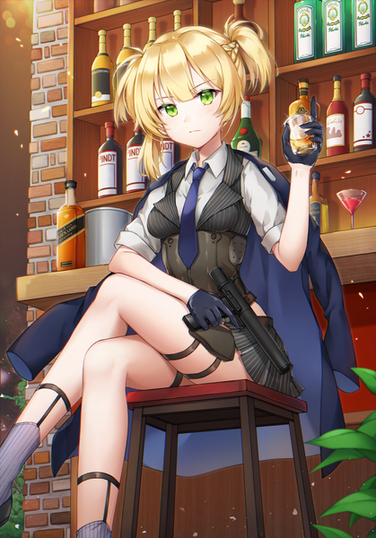 Anime picture 873x1250 with girls frontline welrod mk2 (girls frontline) pong (vndn124) single tall image looking at viewer blush fringe short hair blonde hair standing sitting twintails holding green eyes indoors braid (braids) pleated skirt short sleeves crossed legs