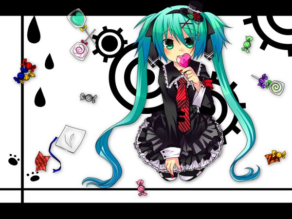 Anime picture 1600x1200 with vocaloid hatsune miku hinashota single looking at viewer blush fringe hair between eyes twintails very long hair nail polish aqua eyes aqua hair kneeling girl thighhighs ribbon (ribbons) hair ribbon hat food