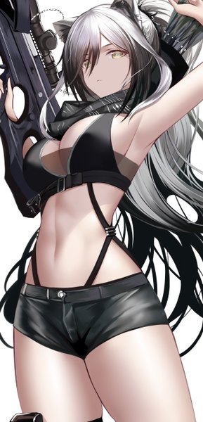 Anime picture 2480x5144 with arknights schwarz (arknights) an yasuri single long hair tall image looking at viewer fringe highres breasts light erotic black hair simple background standing white background holding animal ears yellow eyes payot cleavage