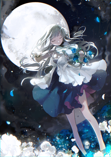 Anime picture 800x1132 with original 249 single long hair tall image fringe smile standing holding silver hair eyes closed wind night bare legs from below night sky playing instrument girl dress flower (flowers)