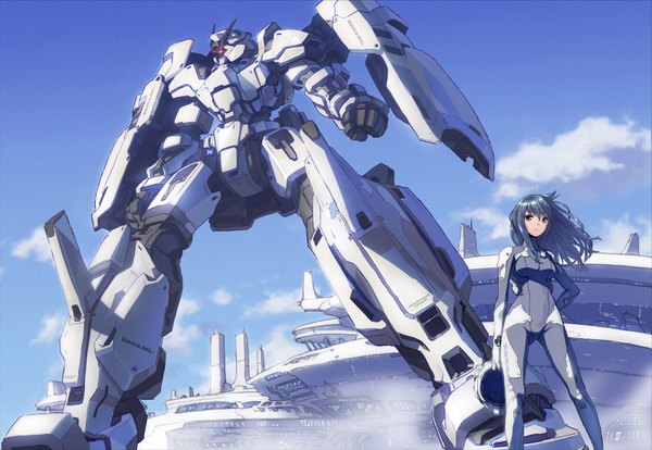 Anime picture 1598x1105 with original saitom single long hair red eyes standing sky cloud (clouds) grey hair hand on hip girl building (buildings) bodysuit robot mecha