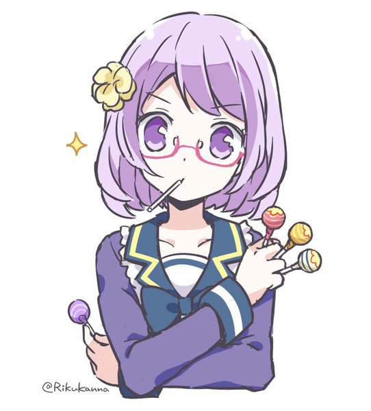 Anime picture 800x885 with aikatsu! aikatsu stars! nanakura koharu riku kanna single tall image looking at viewer short hair simple background white background purple eyes signed purple hair upper body head tilt hair flower twitter username crossed arms girl uniform