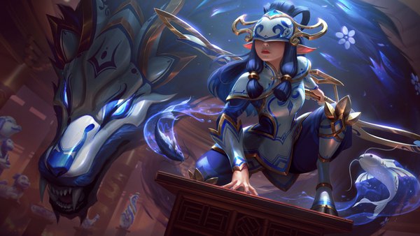 Anime picture 4096x2304 with league of legends kindred (league of legends) lunari single long hair highres wide image holding blue hair absurdres full body nail polish pointy ears realistic kneeling fantasy fighting stance blindfold hooves girl