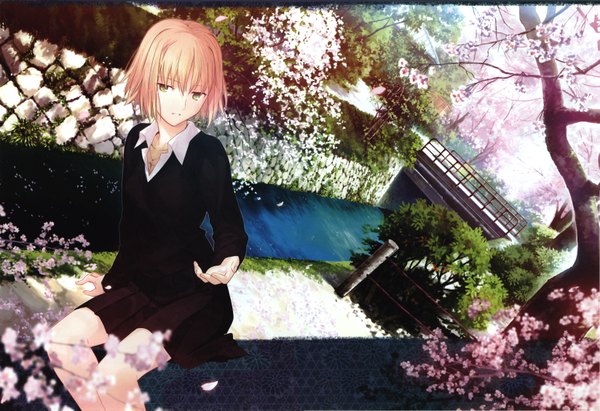 Anime picture 6588x4516 with takeuchi takashi single highres short hair blonde hair sitting yellow eyes absurdres cherry blossoms river girl skirt flower (flowers) plant (plants) petals tree (trees) water