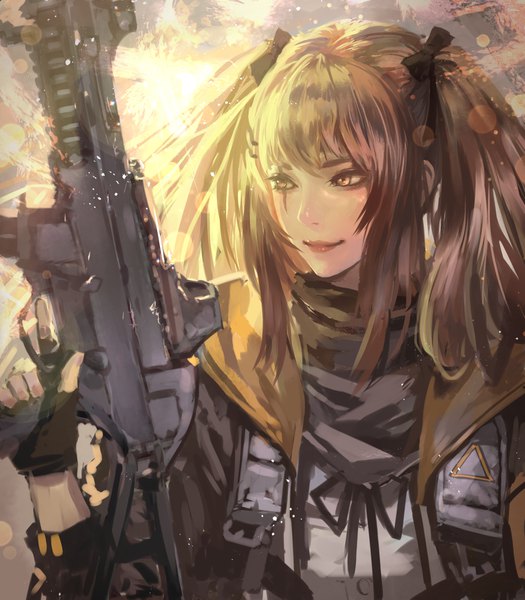 Anime picture 1495x1709 with girls frontline ump9 (girls frontline) kaburagi yasutaka single long hair tall image fringe smile hair between eyes brown hair twintails holding brown eyes looking away upper body long sleeves lips sunlight realistic open jacket