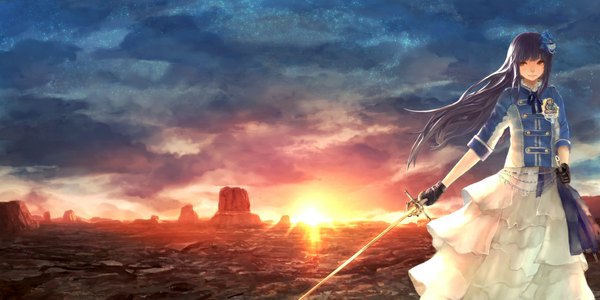 Anime picture 1102x552 with original benitama long hair black hair wide image brown eyes cloud (clouds) evening sunset girl dress hair ornament weapon sword