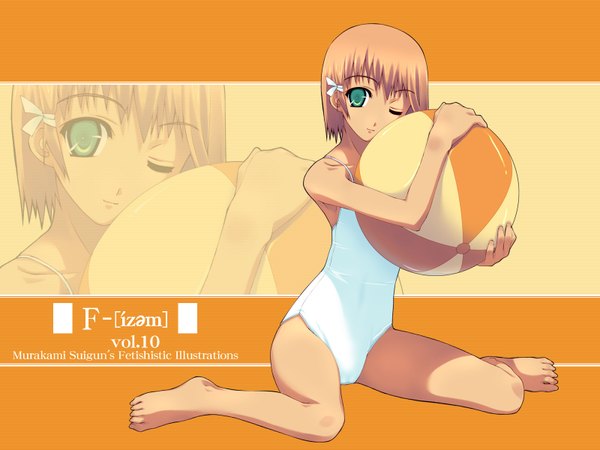 Anime picture 1600x1200 with f-ism murakami suigun single looking at viewer short hair light erotic brown hair sitting green eyes full body one eye closed wink wariza zoom layer girl swimsuit one-piece swimsuit ball beachball white swimsuit