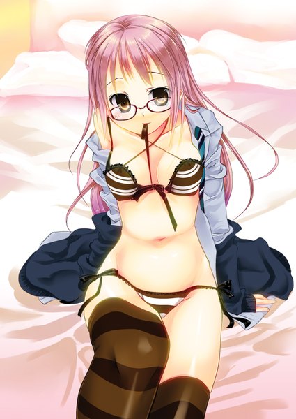 Anime picture 1254x1771 with hisaba iori long hair tall image light erotic holding brown eyes pink hair mouth hold ribbon in mouth girl thighhighs navel underwear panties glasses striped thighhighs