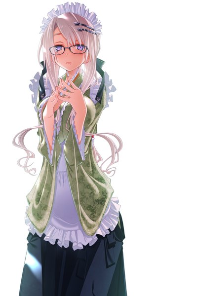 Anime picture 3345x5000 with original sakuya tsuitachi single long hair tall image highres simple background white background purple eyes absurdres white hair fingers together wa maid girl dress uniform glasses headdress hairclip maid headdress